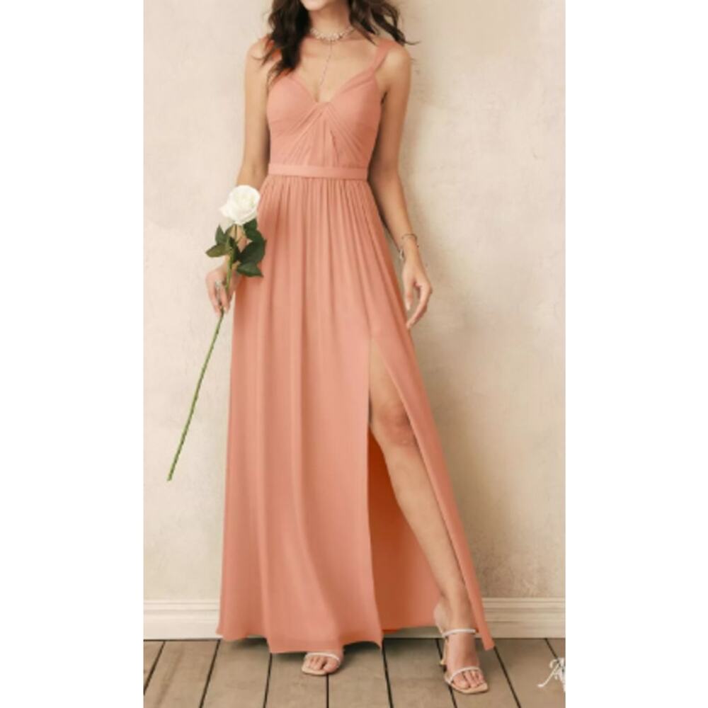 AW BRIDAL 2 XS Peach Pink Lorene wedding bridesmaid party maxi dress NEW B42